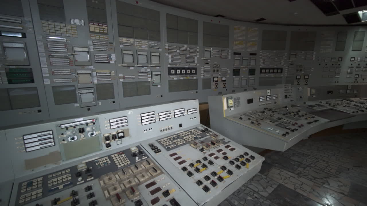 Control Room Of Reactor 4. Abandoned Nuclear Power Plant In Chernobyl, Ukraine. Panning Left Shot