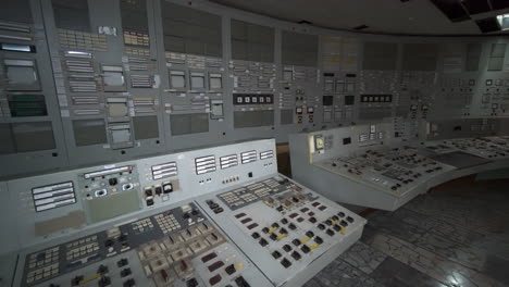 control room of reactor 4. abandoned nuclear power plant in chernobyl, ukraine. panning left shot