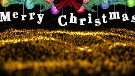 Animation-of-christmas-greeting-and-decorations-on-black-and-golden-glitter-background