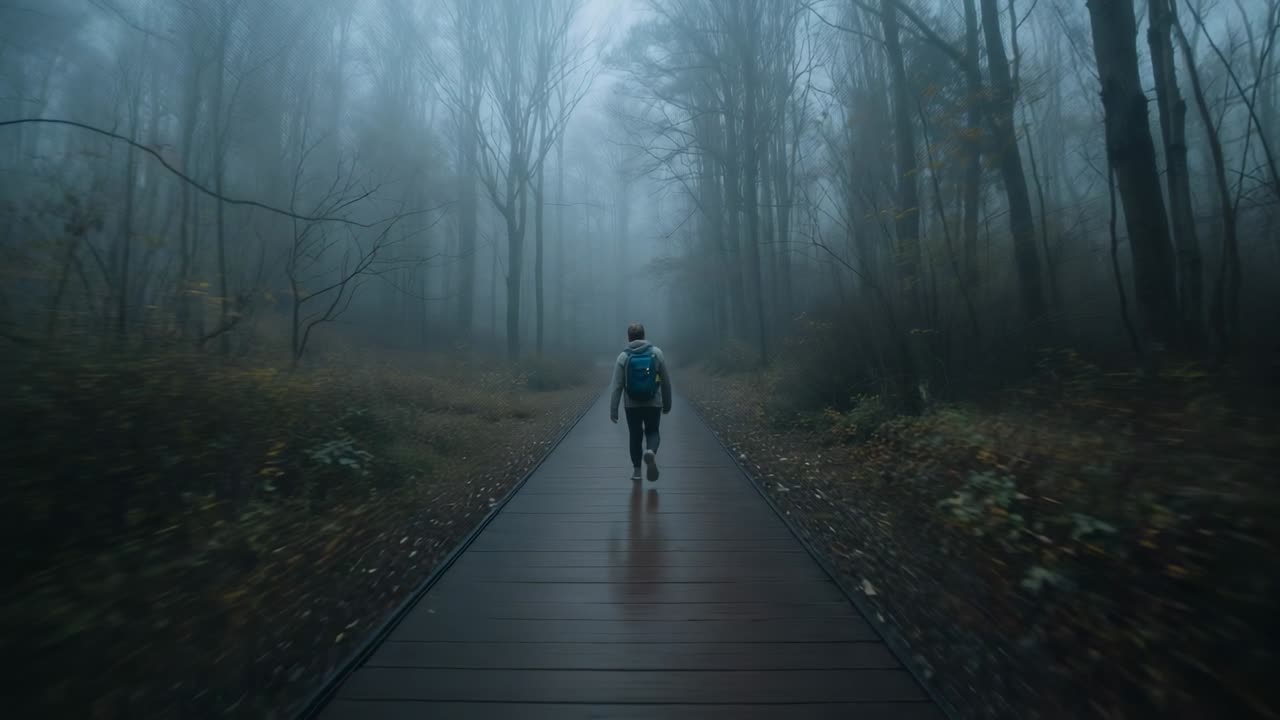 Taking first step, hiker wearing jacket and beanie with blue backpack on wet boardwalk toward fog