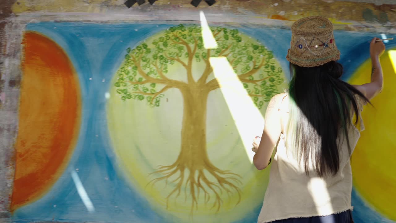 Artist painting a vibrant Tree of Life mural at an outdoor event