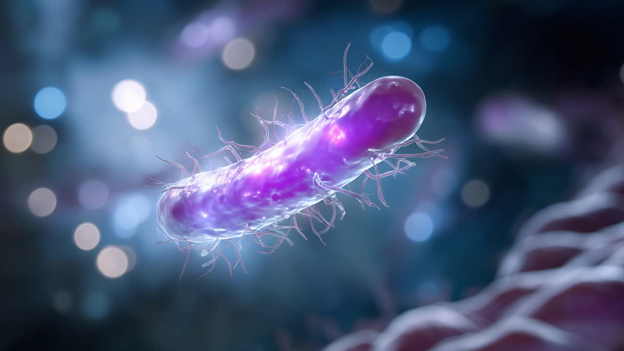 A Magnified View of a Colorful Bacterium Cell Showcasing Its Intricate Structure Against a Blurred Background, Capturing Microbial Life in Stunning Detail