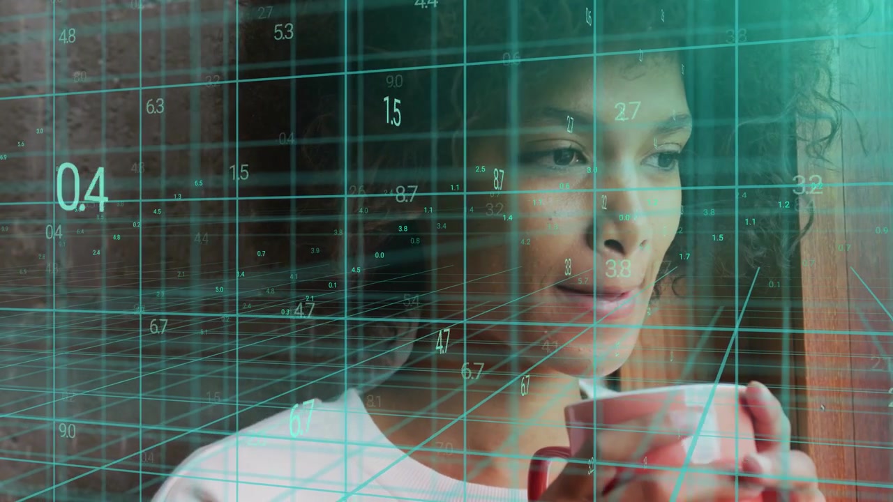 Woman cradling ceramic mug, sipping at window and engaging teal 3D grid for data review, receding