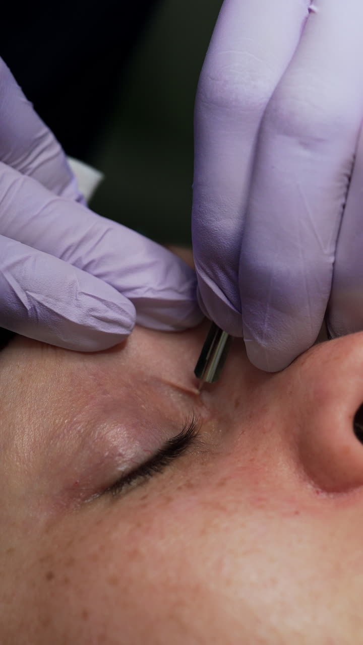 Cosmetologist uses metal tools at work for skincare. Pore cleansing in the salon. Close up. Vertical video