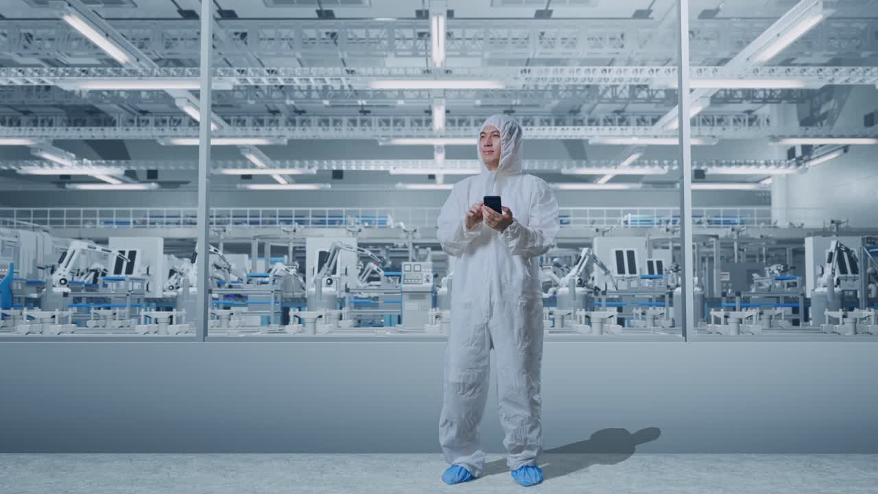 trabajador de una fábrica usando un teléfono inteligente en una sala limpia moderna