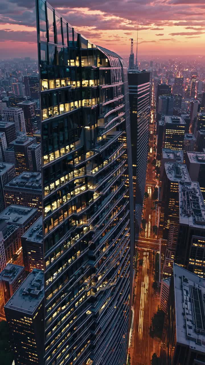 Vista aerea di un moderno grattacielo al tramonto, che mostra l'architettura urbana con una città vibrante.