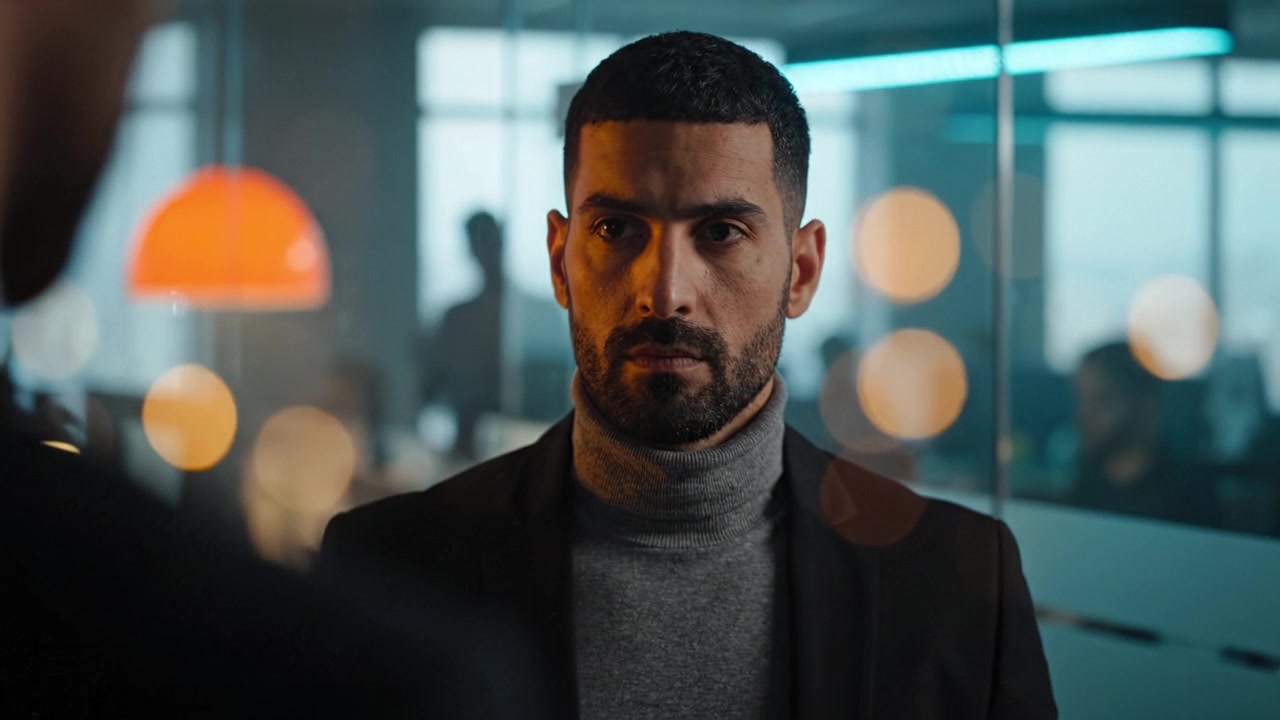 A Focused Man in Business Attire Engages in an Intense Conversation Within a Modern Office Setting, Highlighting Professional Dynamics and Tension.