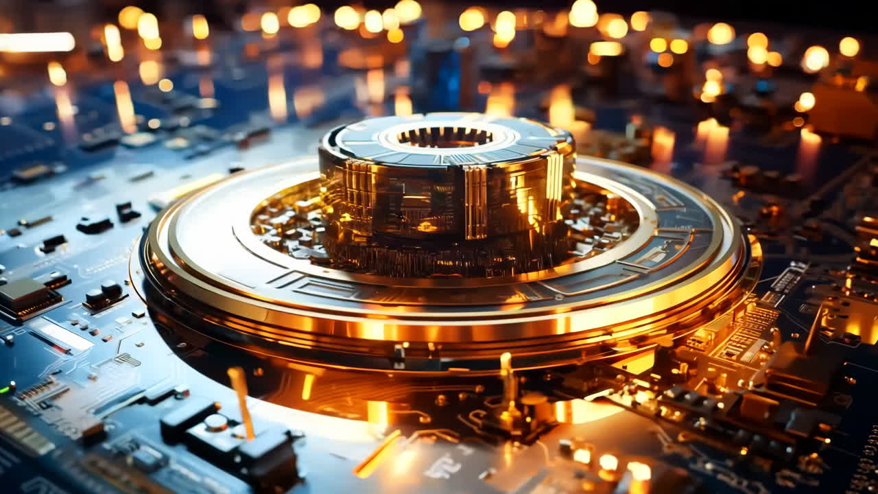A computer chip with a gold center and a blue background