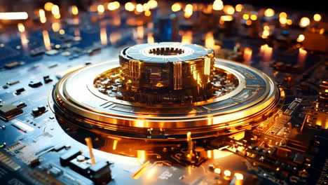 a computer chip with a gold center and a blue background