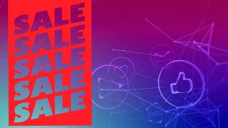 animación del texto de venta en un banner rojo sobre los iconos de las redes sociales en un fondo rosa a púrpura