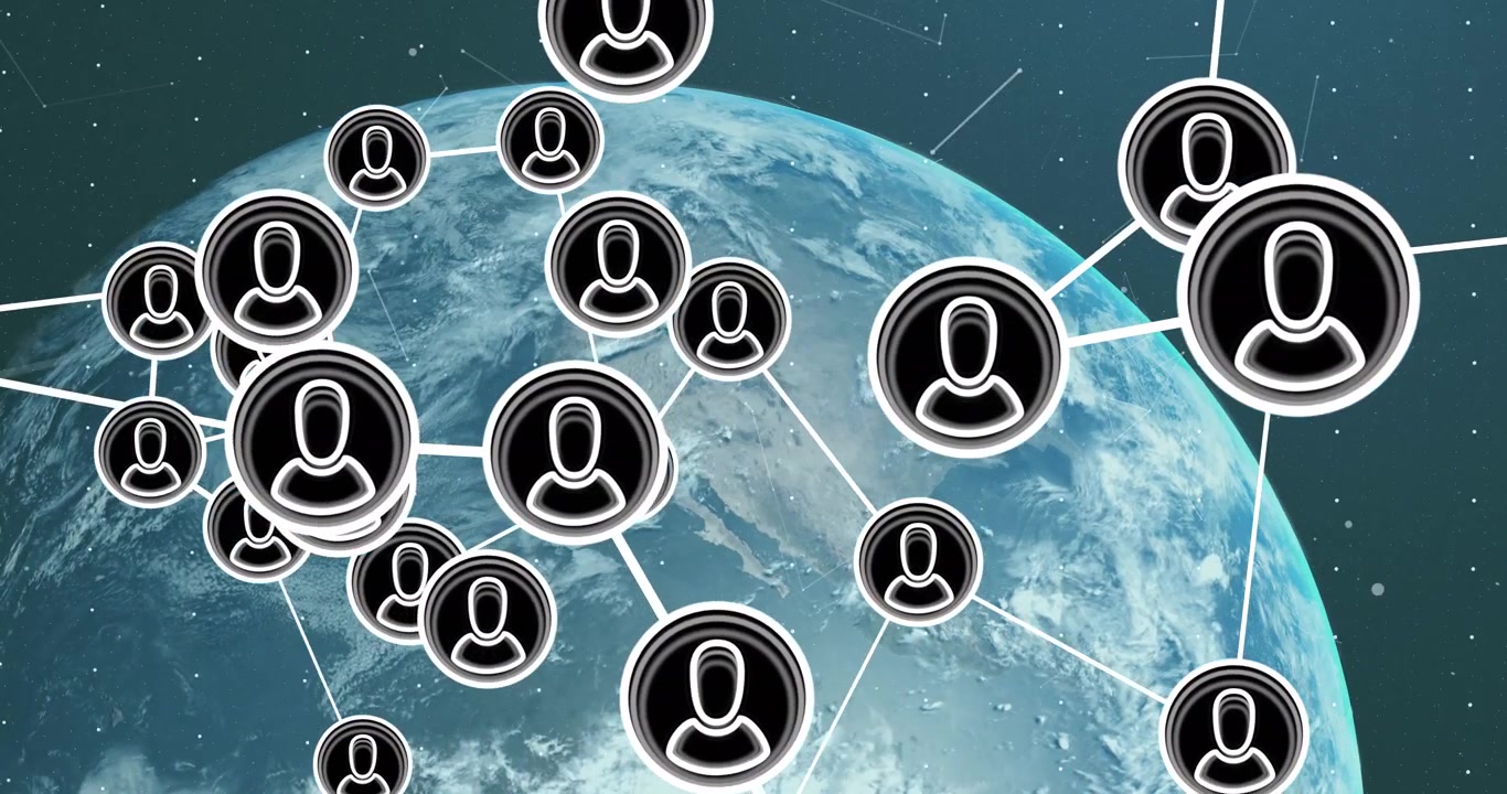 Concetto di connessione di rete globale con icone utente animate sopra la Terra.