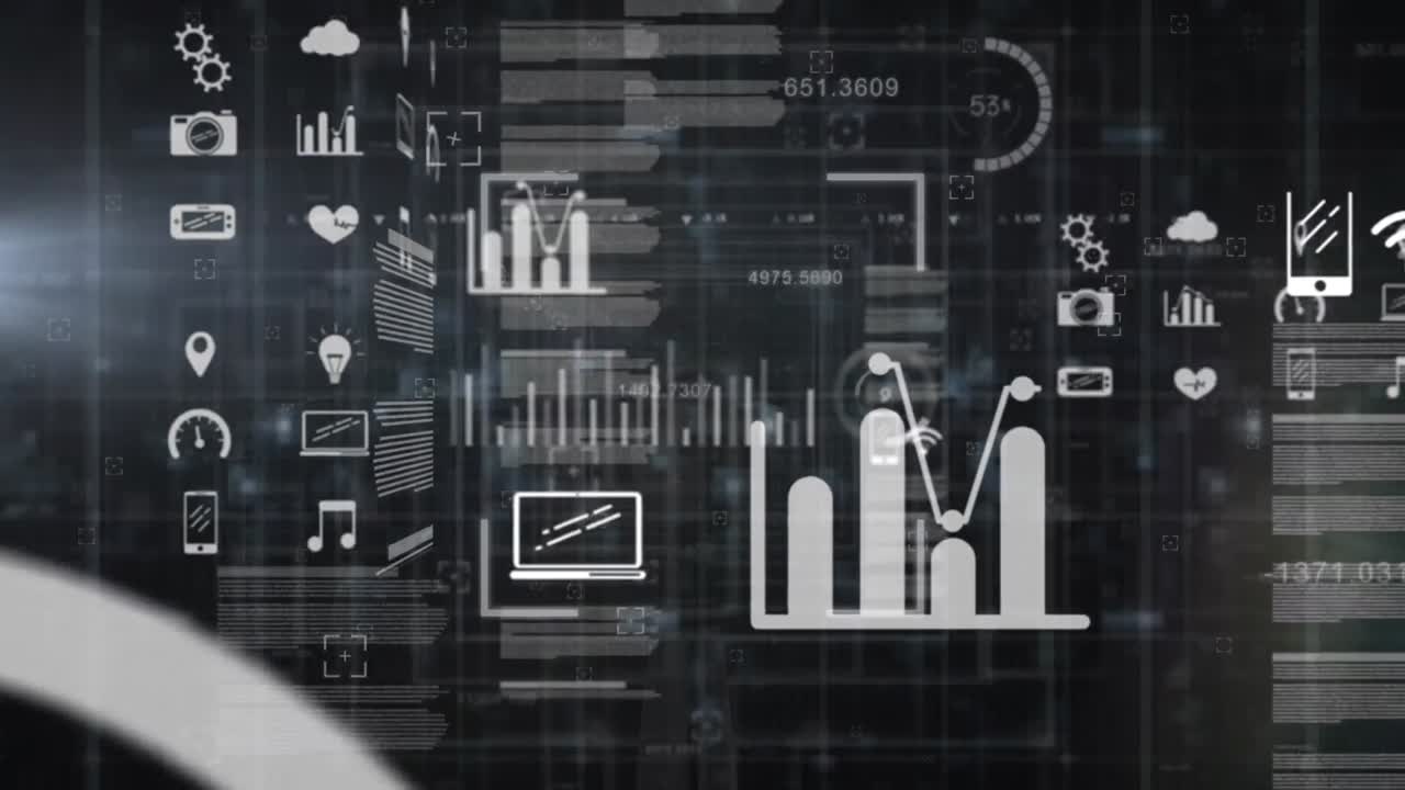 Animation of scope scanning over screens with data processing against black background