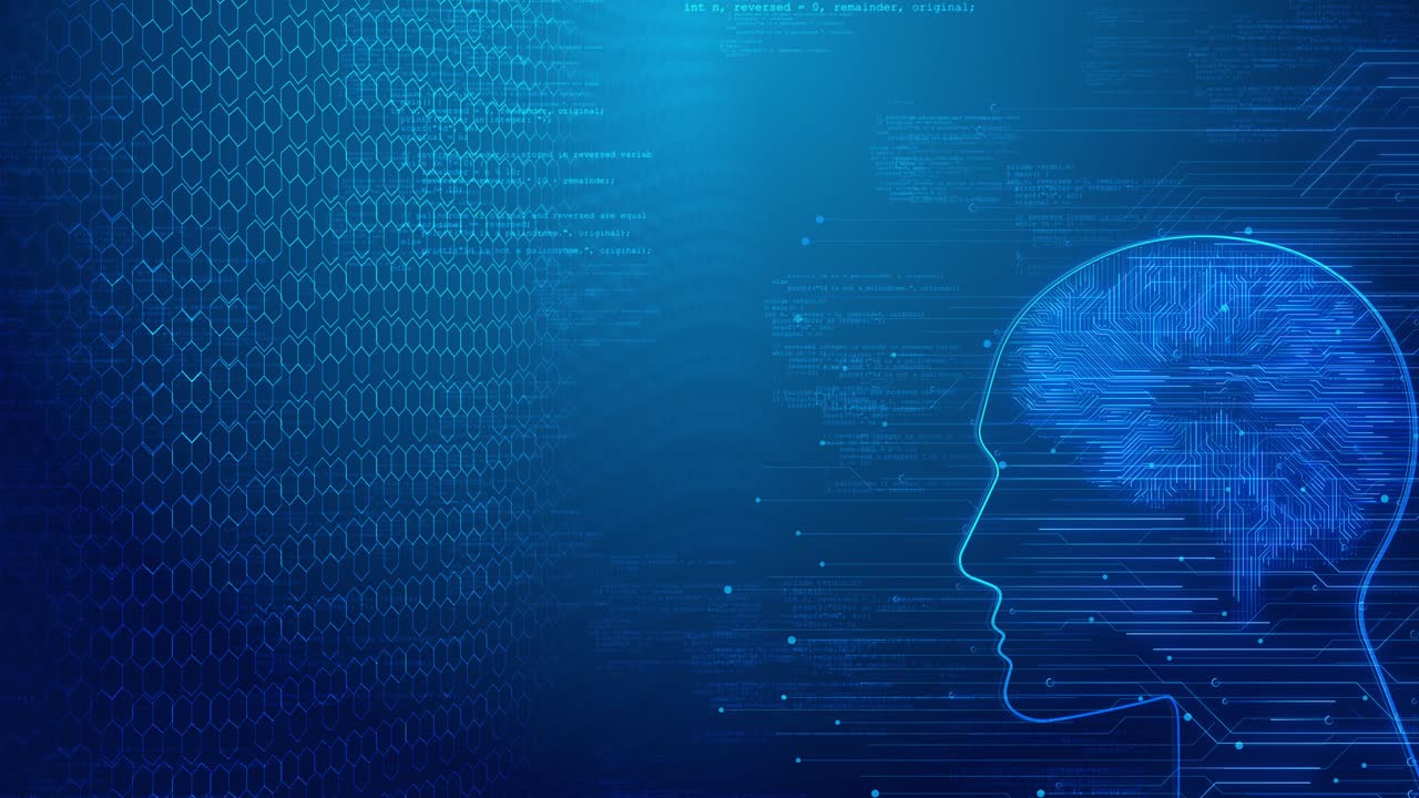 Futuristic hexagonal circuit grid merging into digital human brain outline for ai technology