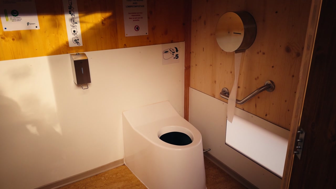 Ren och modern komposttoalettinstallation inuti en ljus trästuga. Vidvinkelvy med varma filmiska toner som framhäver miljövänliga sanitetslösningar