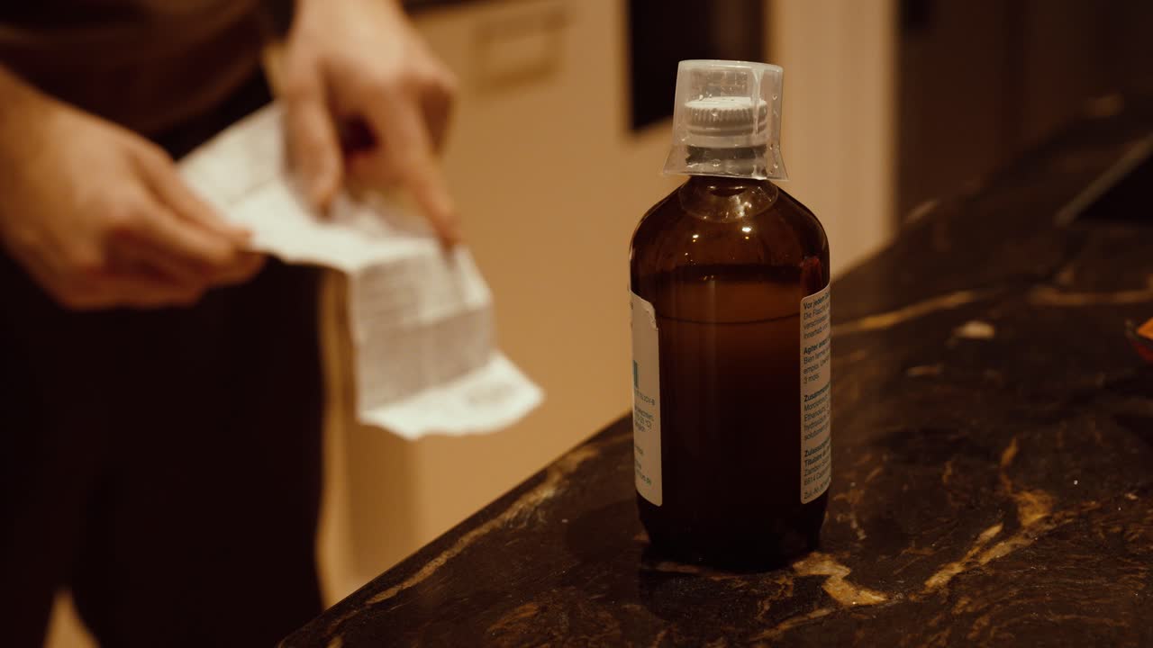 Flacone di medicinale su un bancone della cucina mentre una persona legge il foglietto illustrativo. Concetto di sicurezza dei farmaci, uso corretto, istruzioni sul dosaggio e consapevolezza sanitaria