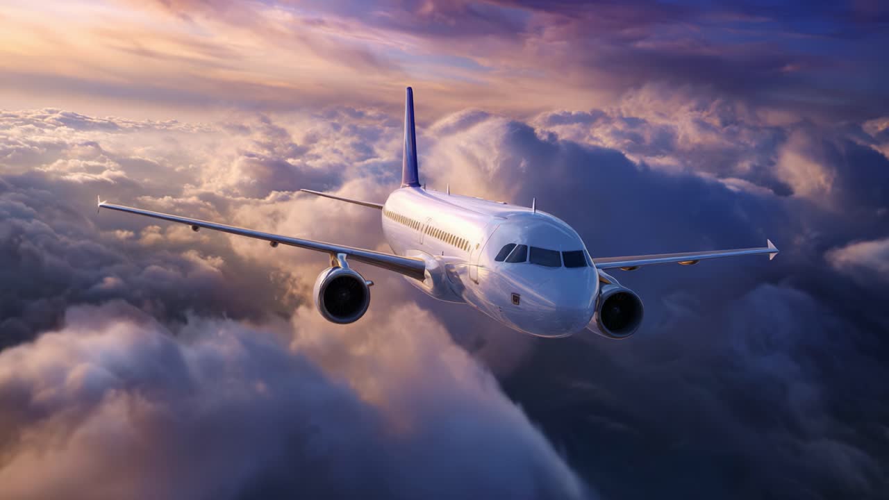 Uma aeronave majestosa deslizando por entre nuvens vibrantes durante o crepúsculo, capturando a essência das viagens aéreas e a beleza da aviação em detalhes impressionantes