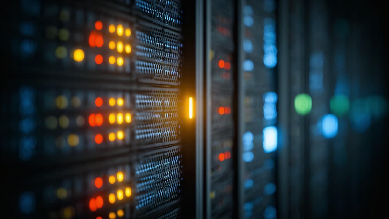 Esplorando il design intricato dei rack server con indicatori illuminati che evidenziano l'attività di rete e il flusso di dati in un moderno ambiente di data center.