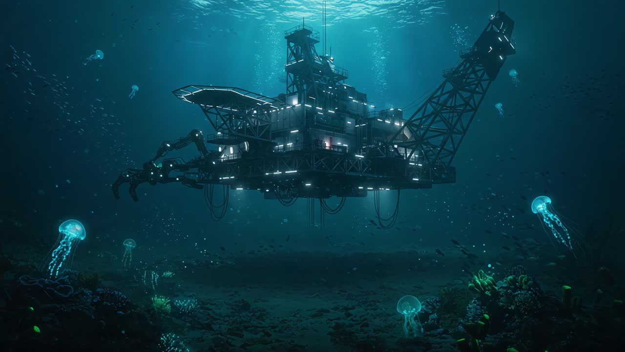 A Majestic Underwater Scene Featuring a Submerged Oil Rig Surrounded by Ethereal Jellyfish in a Mystical Marine Environment with Illuminated Structures