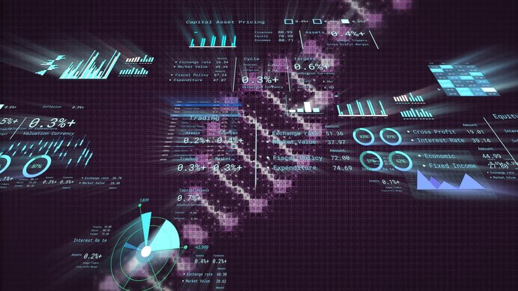 Animasjon av finansiell analyse med digitale data og grafer på en abstrakt rutenettbakgrunn.