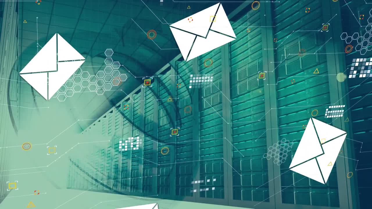 Animation of multiple message icons falling over round scanner against computer server room