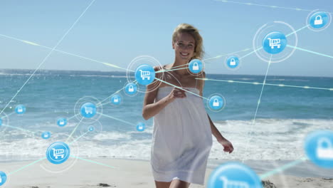 animation of network of connections with icons over caucasian woman running on beach