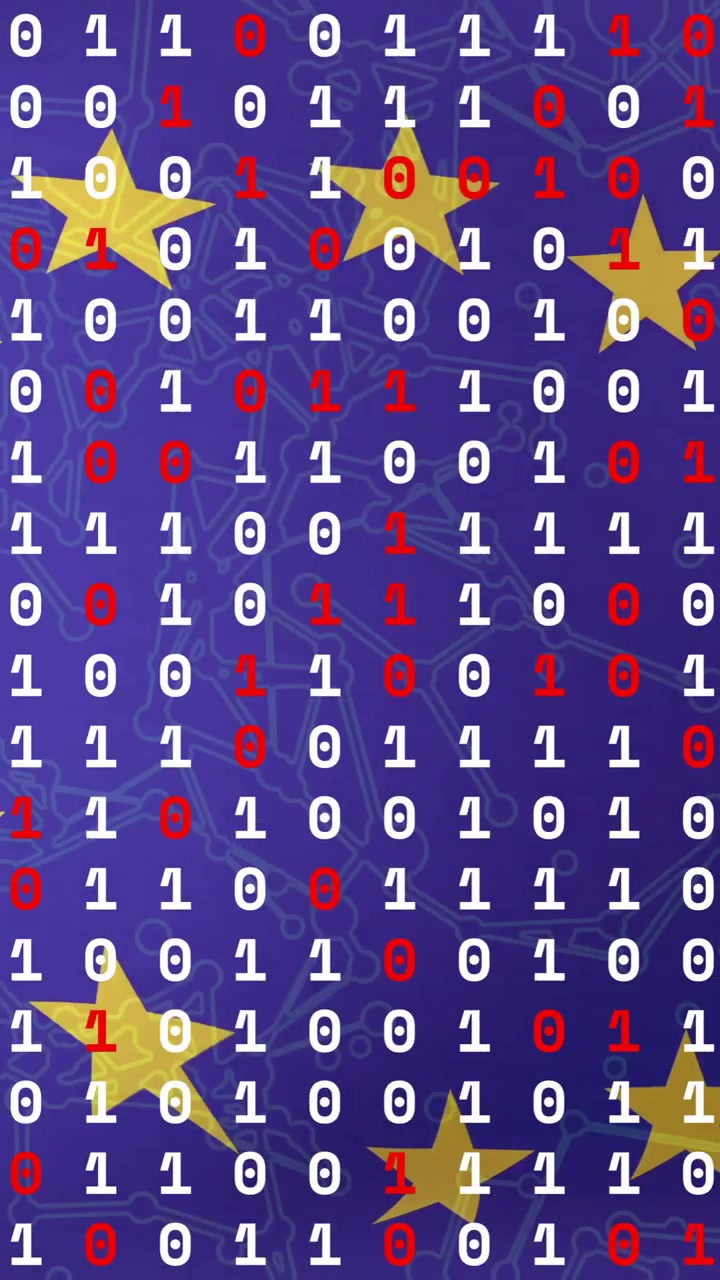 Binary code and stars animation over blue background with red arrows