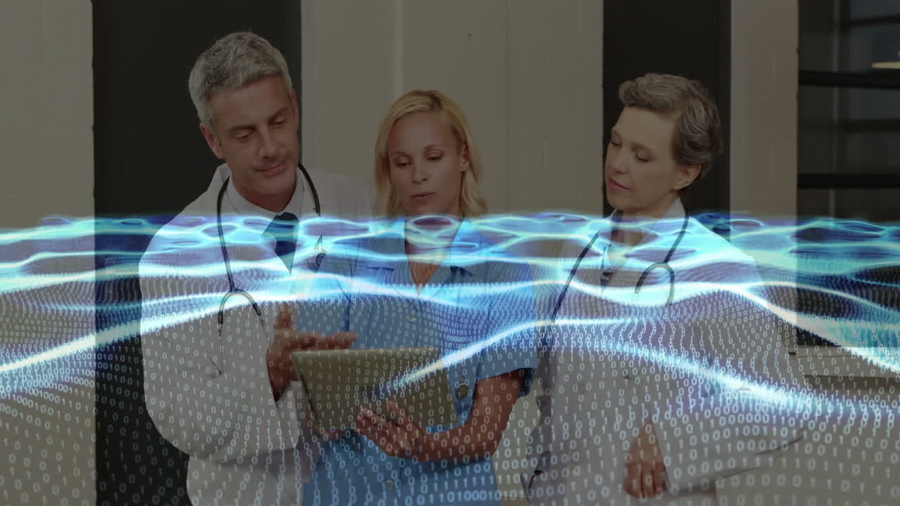 Three doctors analyzing tablet in clinic, showcasing holographic binary code and flowing data waves