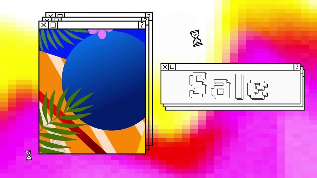 Animation of sale text and computer screens over neon pattern background