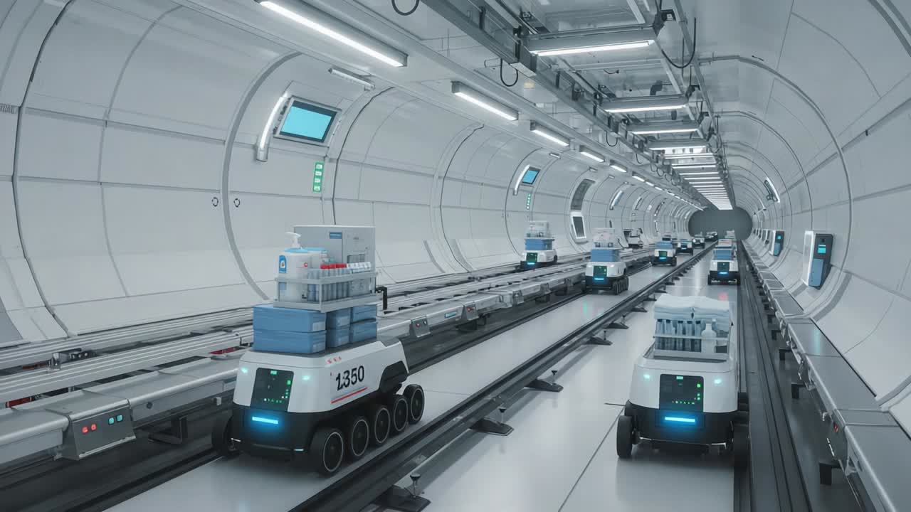 Automated Transport Systems: Robotic Vehicles Navigating a High-Tech Tunnel Environment for Efficient Delivery and Logistics Operations