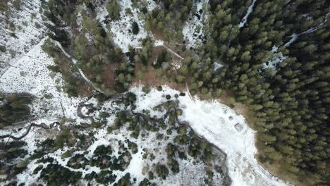 Gleiten-über-Einen-Fluss-Im-Wald-Mit-Schneebänken,-Die-Den-Waldboden-Bedecken