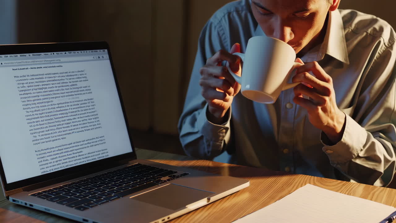 Man working late at night on laptop and taking notes.