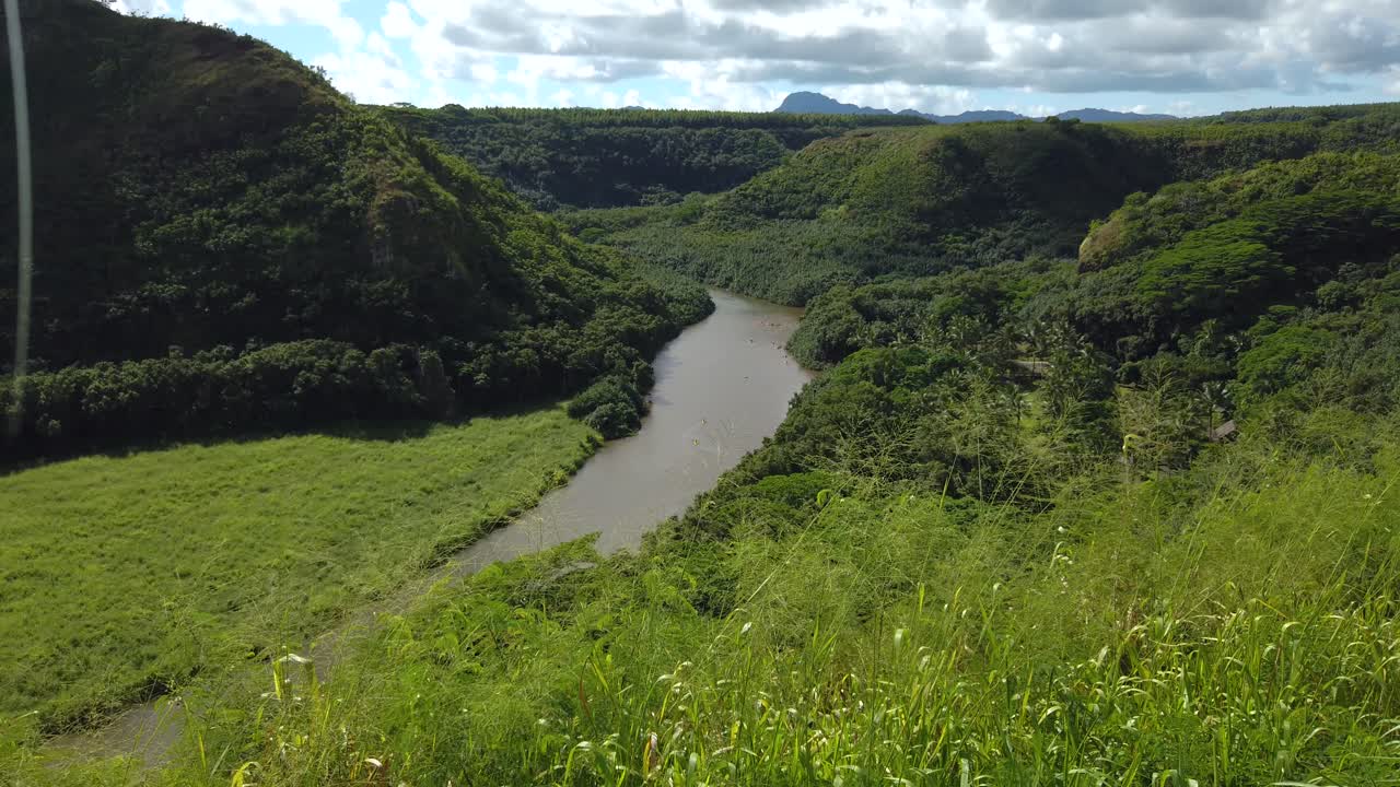 4K Hawaii Kauai boom up from long grass in foreground to overlooking view of canoers on 'Opaeka'a Stream