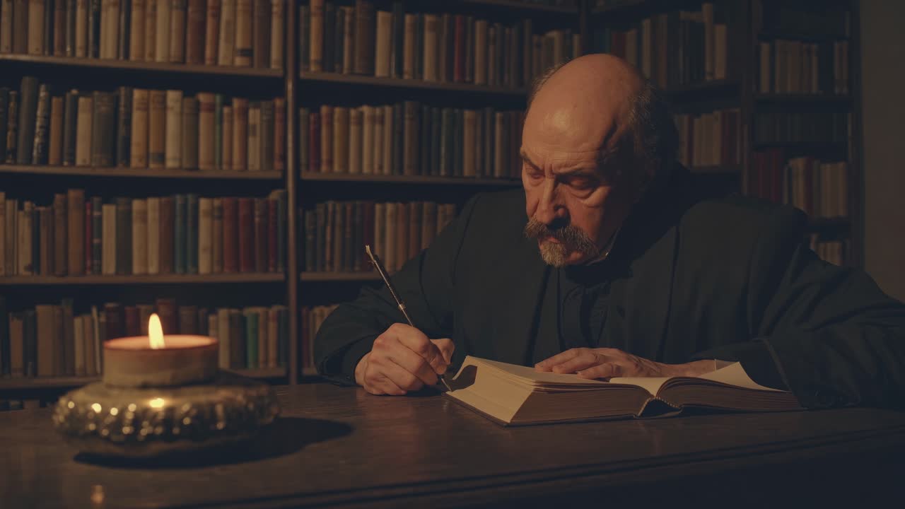 A dimly lit video scene of a man writing at a desk in a library. The side angle captures the warm