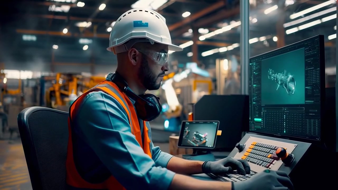 Engineer Monitoring Robotic Manufacturing Process on Computer in Factory