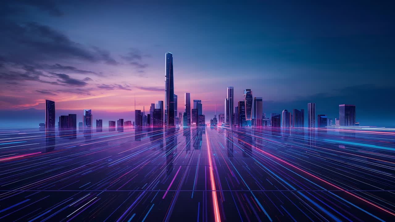 Starting low camera closing on core skyline glass plaza twilight framing main tower and neon trails