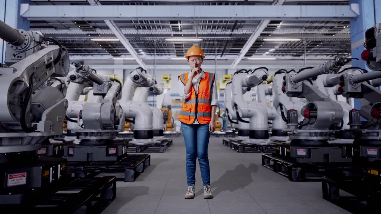 Factory worker in front of robots