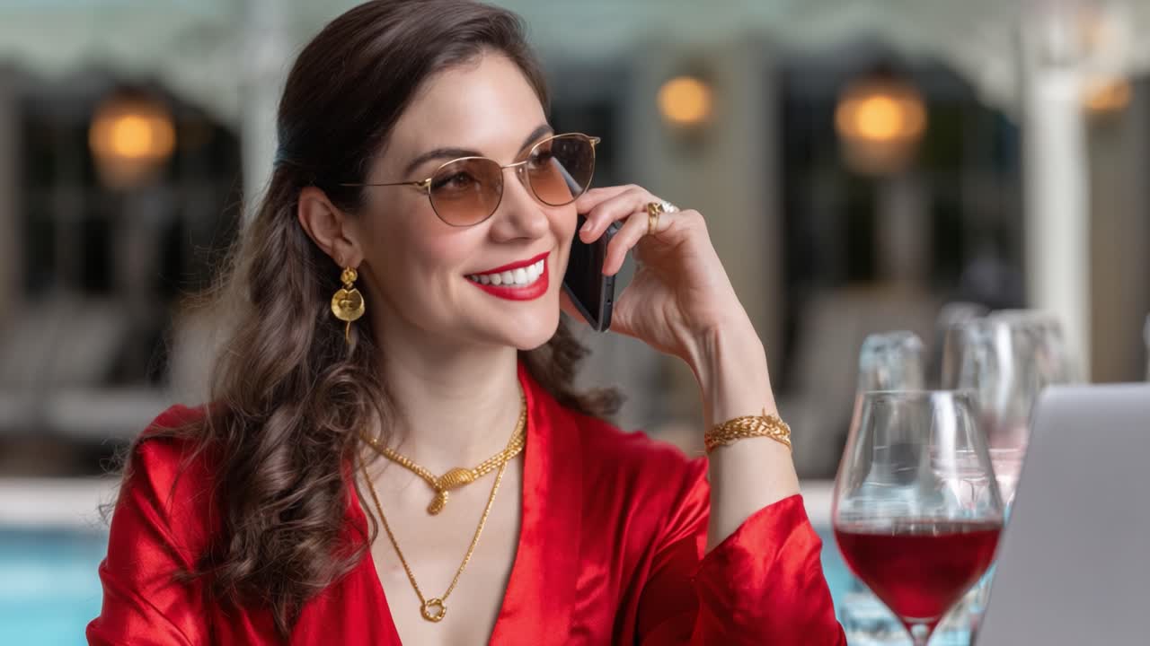 Elegant Woman in Red Attire Enjoys a Luxurious Moment While Engaged in a Phone Conversation, Exuding Confidence and Charm by a Poolside Setting