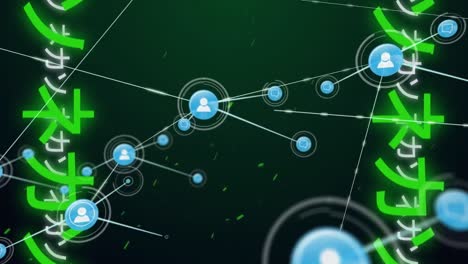 Animation-of-network-of-connections-with-icons-over-japanese-characters