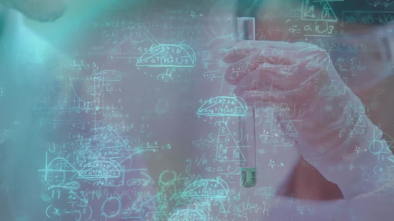 백그라운드에서 테스트 튜브를 사용하는 의료 종사자와 함께 수학 방정식의 애니메이션