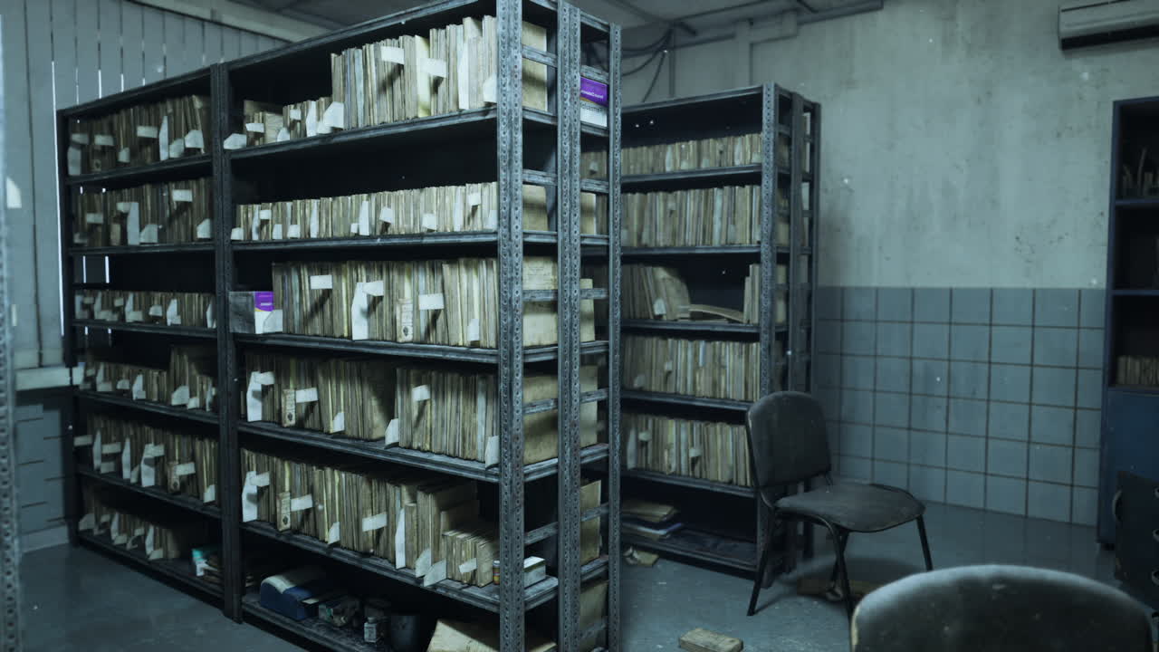 파일 으로 가득 찬 선반 이 있는 오래된 아카이브 방