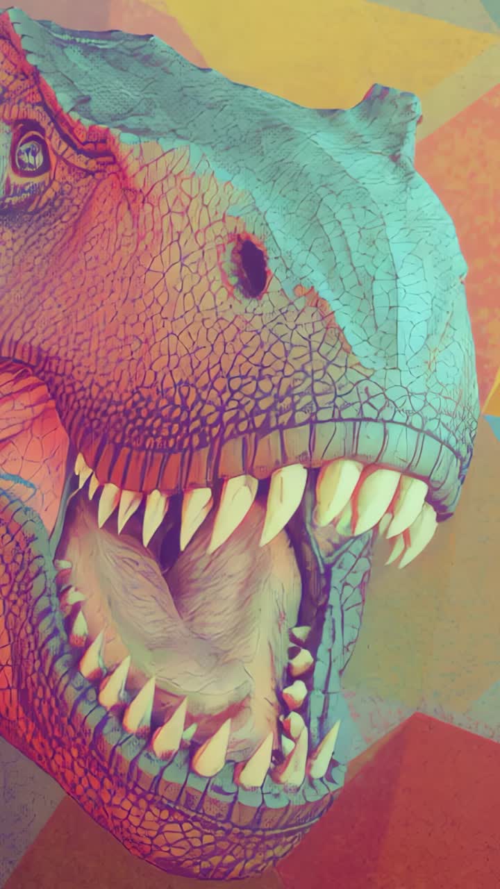 Vertical video: Showing Tyrannosaurus rex head cycling color overlays in 3D backdrop at opening