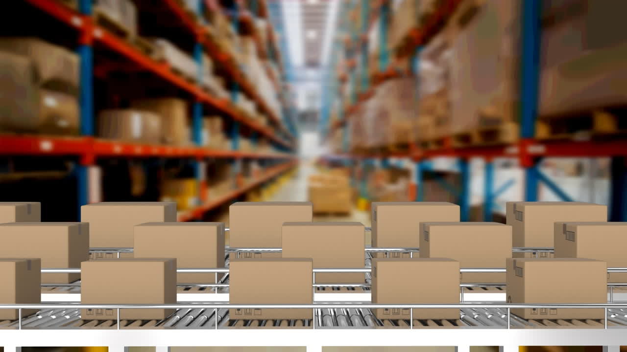 animación de cajas de cartón que se mueven en cintas transportadoras sobre el almacén