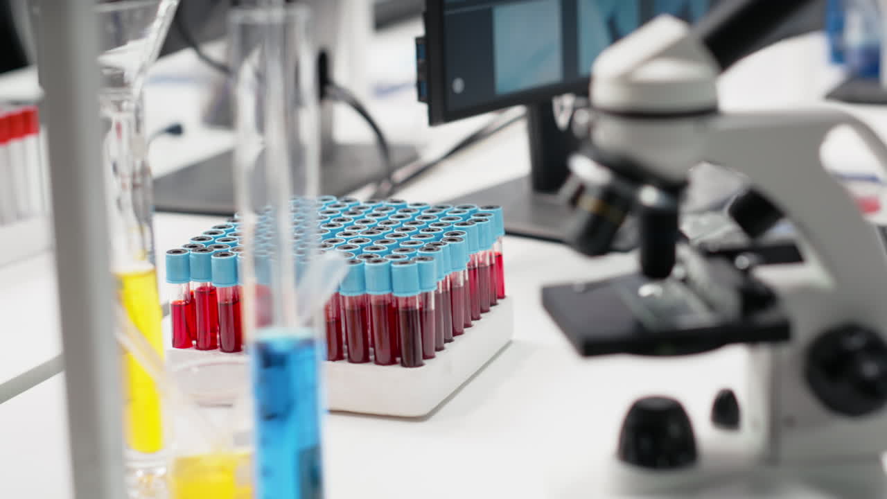 Vertical video Close up of colorful chemical solutions inside scientific glassware on lab shelf