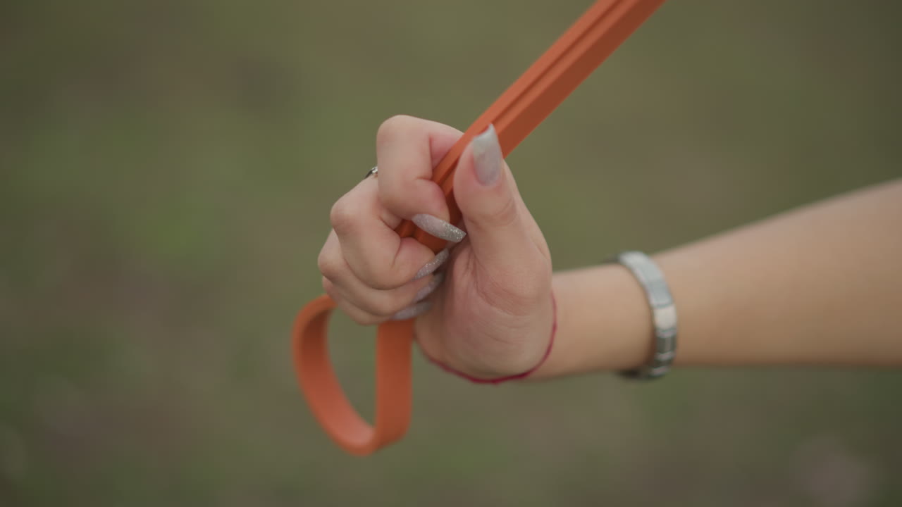 Close View Of Dog Leash And Hand, Relaxed Individual Grasping Orange Leash In Peaceful Park Environment, Individual Calmly Holding Leash While Enjoying Serene Walk In Green Park Area