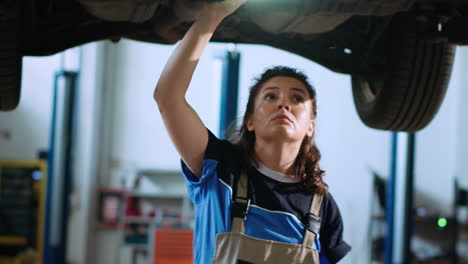 woman in garage works on suspended car