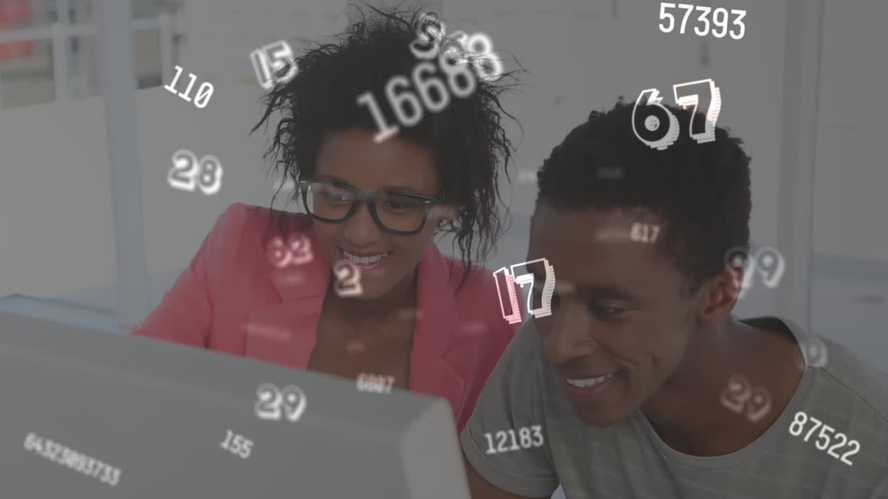 Digital composition of multiple changing numbers floating against man and woman using computer