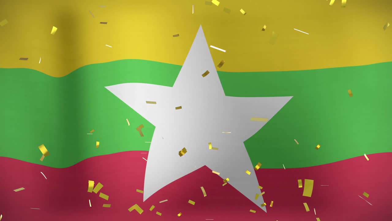animación de confeti cayendo sobre la bandera de myanmar en el fondo