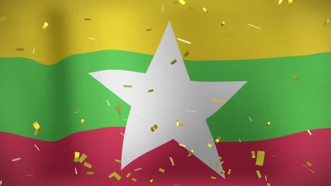 Animación-De-Confeti-Cayendo-Sobre-La-Bandera-Ondeante-De-Myanmar-En-Segundo-Plano.