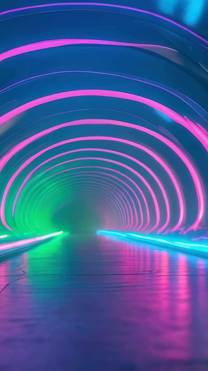 Vertical video: Sequence starting camera moving through neon tunnel, revealing pulsing LED strips