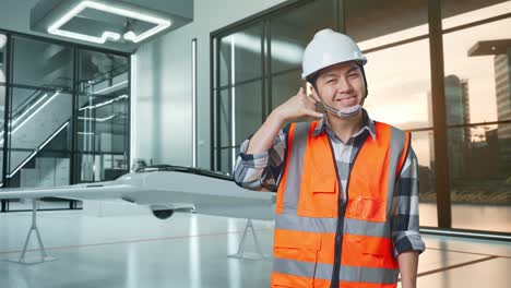 ingeniero masculino asiático con casco de seguridad sonriendo a la cámara y haciendo el gesto de llamarme mientras está de pie con el proyecto de drones